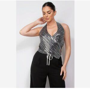 Women's Party Sleeveless Cut Out Front Surplice Tank Halter Sequin Top Size L